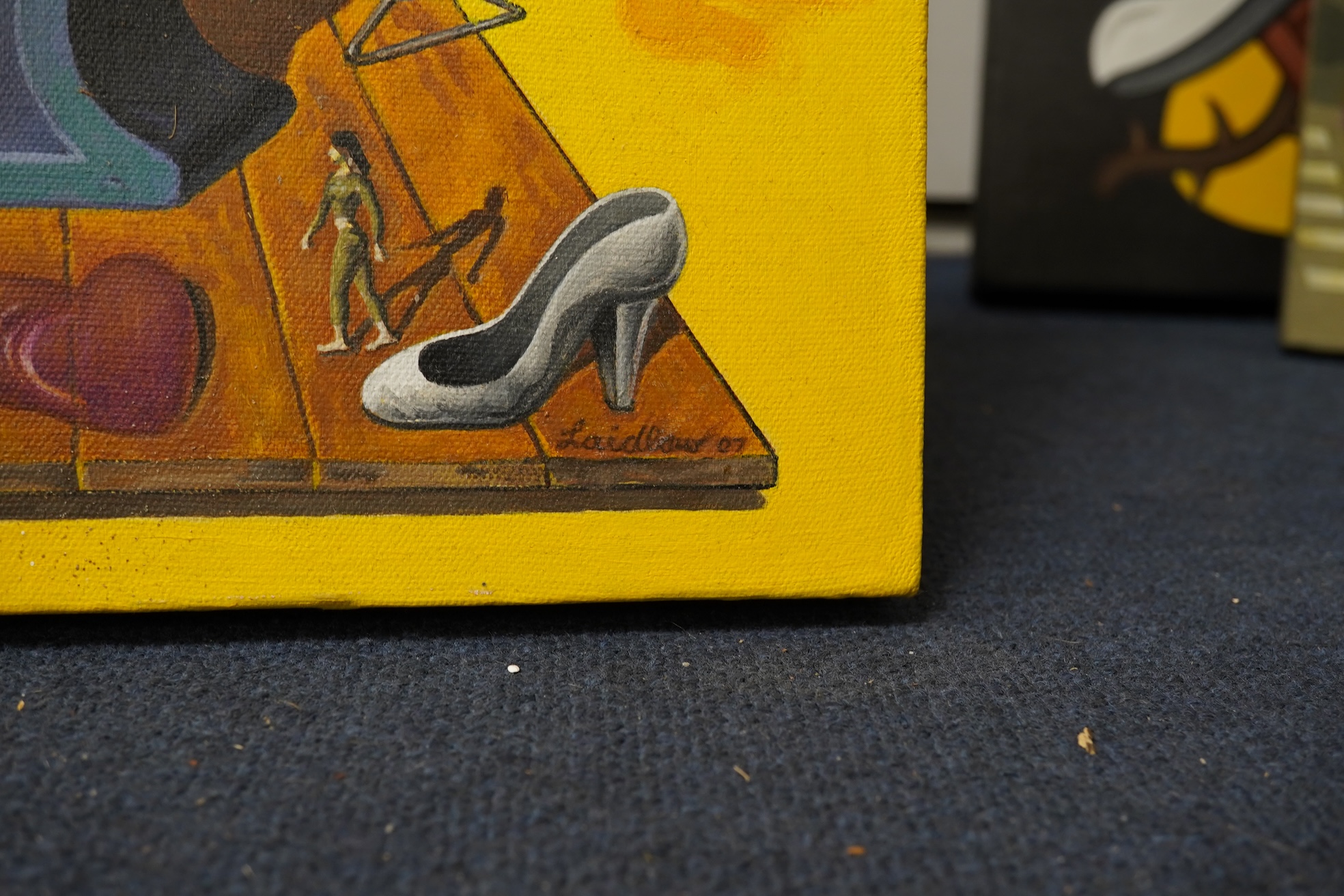 Ken Laidlaw (b.1945), Surreal compositions, Shoes, umbrella and playing cards, each signed and dated ‘07, three oils on canvas, 41 x 30cm